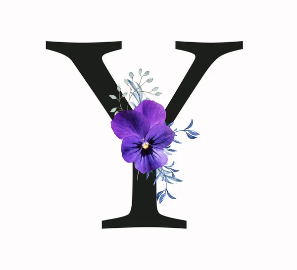 Capital letter Y decorated with pansy flower and blue green leaves. Letter of the English alphabet with floral decoration. Floral letter.