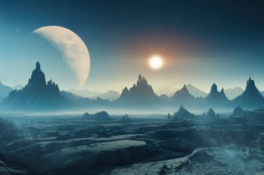 3d rendered Space Art: Alien Planet - A Fantasy Landscape with blue skies and stars clipart