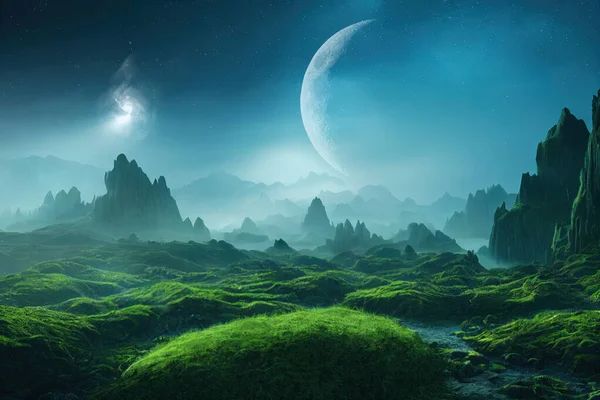 Renderizado Arte Espacial Planeta Extraterrestre Paisaje Fantasía Con Cielos Azules — Foto de Stock