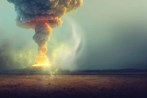 3D illustration. Nuclear war concept. Explosion of nuclear bomb. Creative artwork decoration in dark. Silhouette of a person against giant mushroom cloud of atomic explosion. Selective focus