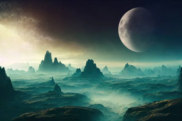 Απόδοση Space Art Alien Planet Fantasy Τοπίο Σκοτεινό Ουρανό Και — Φωτογραφία Αρχείου