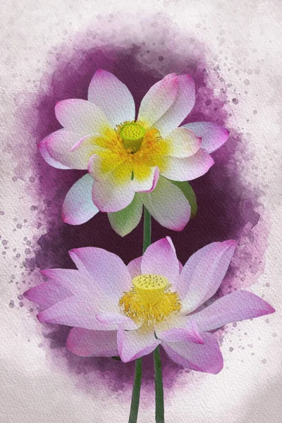 Watercolor painting of a vibrant pink lotus flowers. Botanical art. Decorative element for a greeting card or wedding invitation