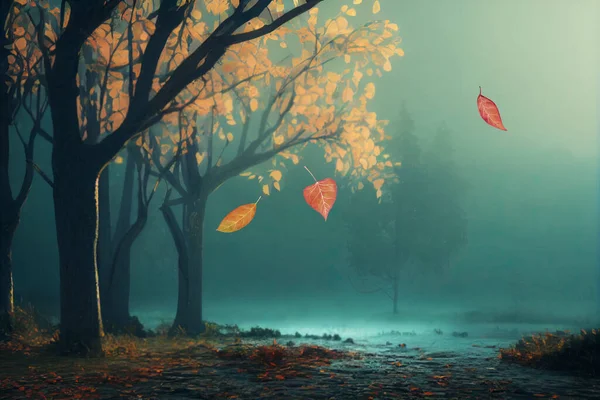 Mystical Forest Landscape Autumn Morning Fog Scenery Autumn Falling Leaves — Stock Photo, Image