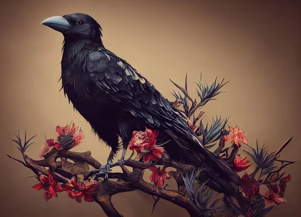 Digital Drawn Whimsical Detailed Fantasy Crow Sitting Bed Thorns Bird — Stock Photo, Image