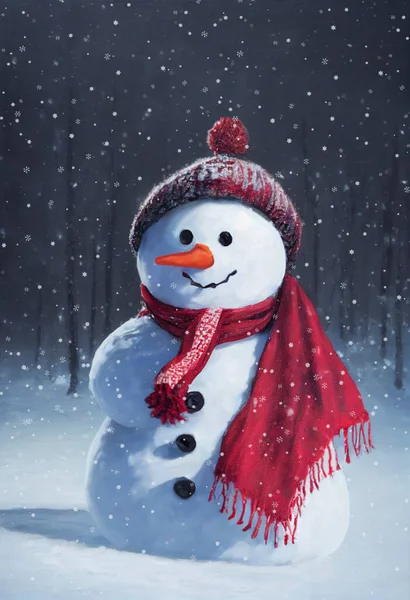 Funny snowman with shawl and hat in a cold winter landscape. Merry Christmass and happy New Year