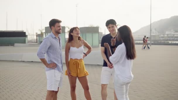 Mosolygó változatos emberek élvezik a kellemes beszélgetés során találkozó a töltés nyári napon — Stock videók