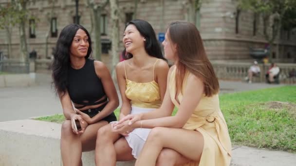 Trois femmes diverses ravies meilleures amies profitant d'une conversation agréable et riant à l'extérieur — Video