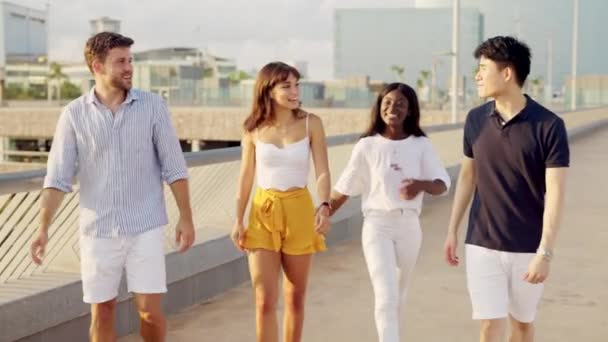Fröhliche multiethnische Freunde verbringen an einem sonnigen Sommertag an der Hafenpromenade Zeit miteinander im Freien — Stockvideo