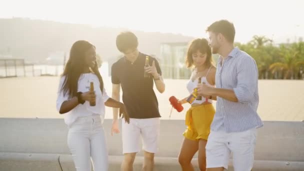 一群年轻而积极的朋友在户外欣赏夏日落日，跳舞，喝啤酒 — 图库视频影像