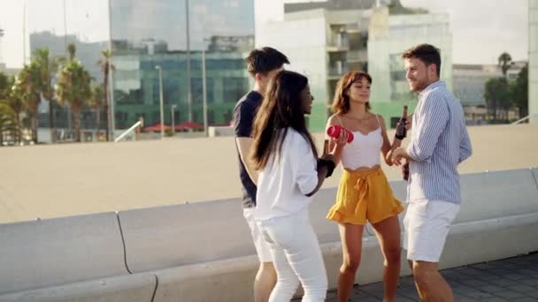 Jóvenes multirraciales bailando en el cálido día de verano al aire libre, con botellas de cerveza en las manos — Vídeos de Stock