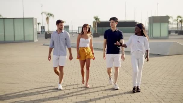 四个笑着混血的年轻好友在城堤上散步, — 图库视频影像