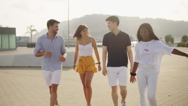 Skupina veselých mladých různorodých přátel procházky podél městského nábřeží na teplém slunném letním večeru — Stock video