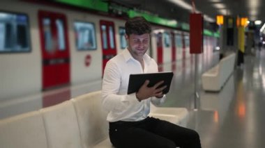 Metroda tablet kullanan memnun iş adamı