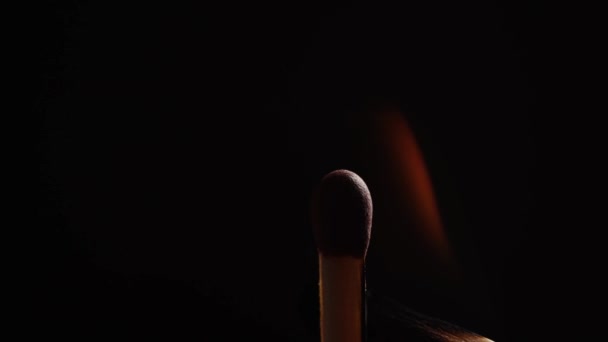 Person igniting matchstick against black background — Stock Video