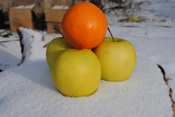 Frukter Äpplen Och Apelsin Snön — Stockfoto