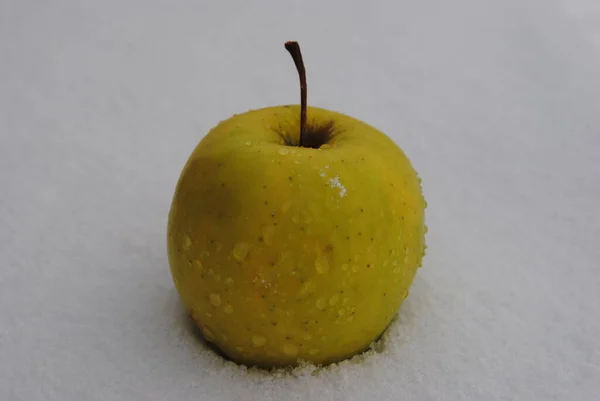 Zielone Jabłko Kroplach Śniegu — Zdjęcie stockowe