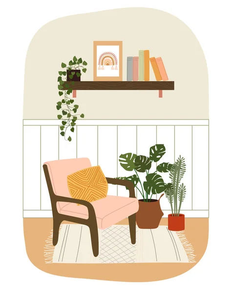 Nowoczesne Wnętrze Skandynawskim Krzesłem Dywanem Półki Książki Roślinami Pomieszczeniach Przytulne — Zdjęcie stockowe