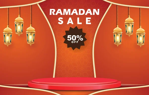 Ramadan Sale Podium Background Red Colour Design — Stock Vector