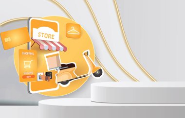 online shop sale banner with blank space podium for product sale and white background design