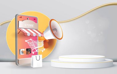 online shop sale banner with blank space podium for product sale with white background