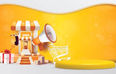 online shop sale banner with blank space podium for product sale with yellow background design