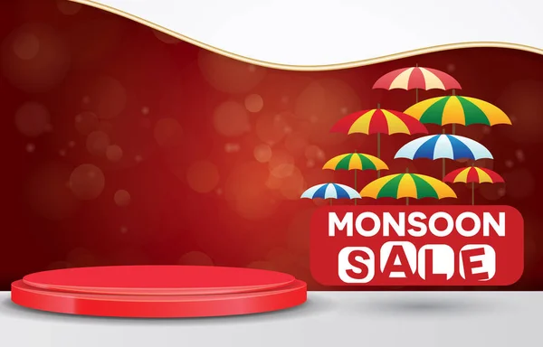 Monsoon Sale Banner Blank Space Podium Product Sale Red Background — Vetor de Stock