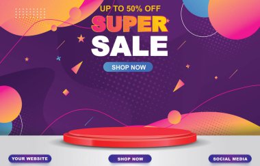 super sale banner with blank space podium for product sale with abstract purple background design
