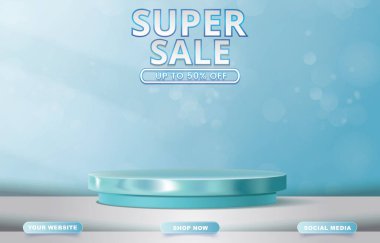 super sale with blank space podium for product sale with gradient blue and white background design