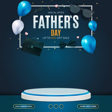 father day sale social media template post with blank space podium for product with gradient dark blue background