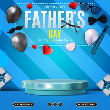 father day social media template post with blank space podium and gradient blue background
