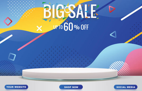 большой рекламный баннер с чистым пространственным подиумом для продажи продукции с абстрактным синим фоном