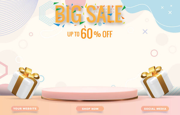 большой рекламный баннер с чистым пространственным подиумом для продажи продукции с абстрактным белым и розовым дизайном фона