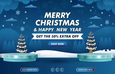 christmas sale banner social media template post with blank space podium for product with gradient blue background design