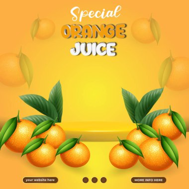 orange juice social media template post with blank space podium for product with gradient yellow background design