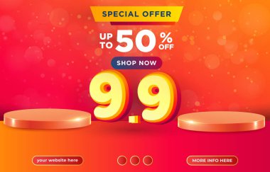 special offer banner social media template post with blank space podium for product sale with gradient orange and pink background