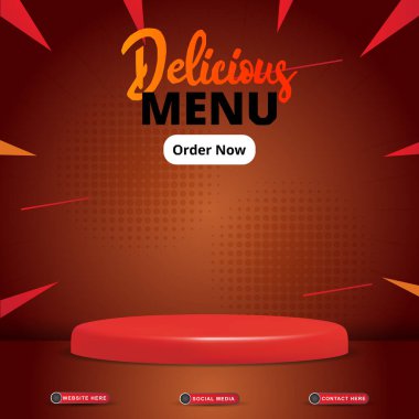 delicious food sale social media post banner with blank space podium for food with gradient red background