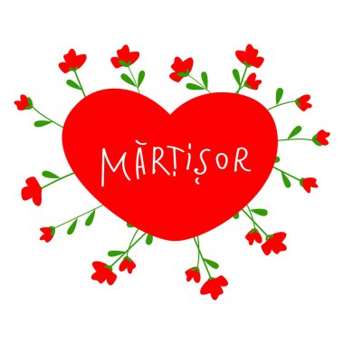 Kırmızı kalp şeklinde bir Martisor. Beyaz arka planda kırmızı çiçekler var.