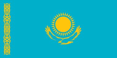 Kazakistan Ulusal Bayrak Cumhuriyeti, Kazak ya da Kazak bayrağı, dalgalanan bir bozkır kartalının üzerinde altın güneş, her ikisi de gökyüzü mavi tarlasında, çekiş tarafı ulusal süs deseni olan koshkar-muiz 