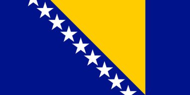 Ulusal Bayrak Bosna-Hersek, BH, geniş açık mavi sağ üçgen bandı ve bayrağın tepesini kapatıyor, bayrağın geri kalanı ise yedi buçuk yıldızlı orta mavi. 