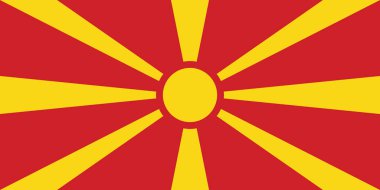 Kuzey Makedonya Ulusal Bayrak Cumhuriyeti, kırmızı bir alanda şekillendirilmiş sarı güneş, merkezden tarlanın kenarına kadar uzanan sekiz genişleme ışınıyla
