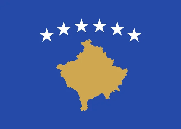 コソボ国旗共和国 黄金のコソボの地図を充電青のフィールドは 6つの白い5点の星の弧によって重ね合わせ — ストックベクタ