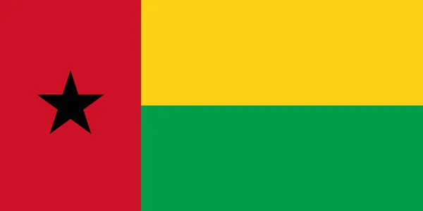 几内亚比绍共和国国旗 升起一边一条垂直的红线 上面装有一颗黑色的五角星 一边是两条水平线 黄色和绿色 — 图库矢量图片