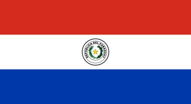 Paraguay Cumhuriyeti Ulusal Bayrağı, kırmızı, beyaz ve mavinin yatay üçgen bandı, ters tarafta Paraguay arması ile tahrip edilmiş, ters tarafta ise kollar.