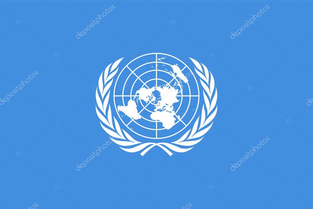 Flag of United Nations (UN), international territory, white UN emblem - polar azimuthal equidistant projection world map surrounded by two olive branches - on a blue background