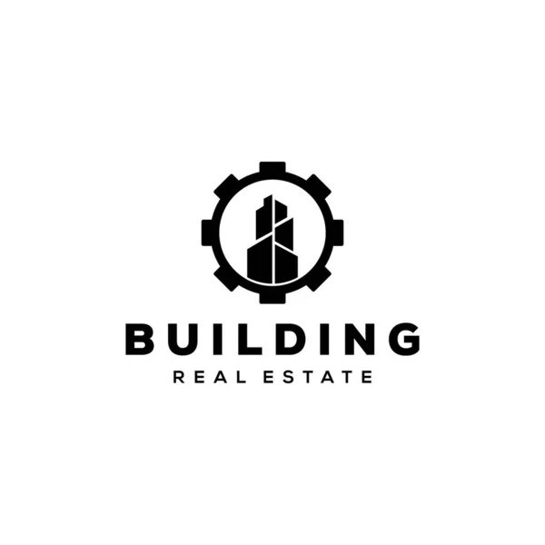 Illustration Abstraite Signe Engrenage Avec Conception Logo Immobilier Haut Bâtiment — Image vectorielle