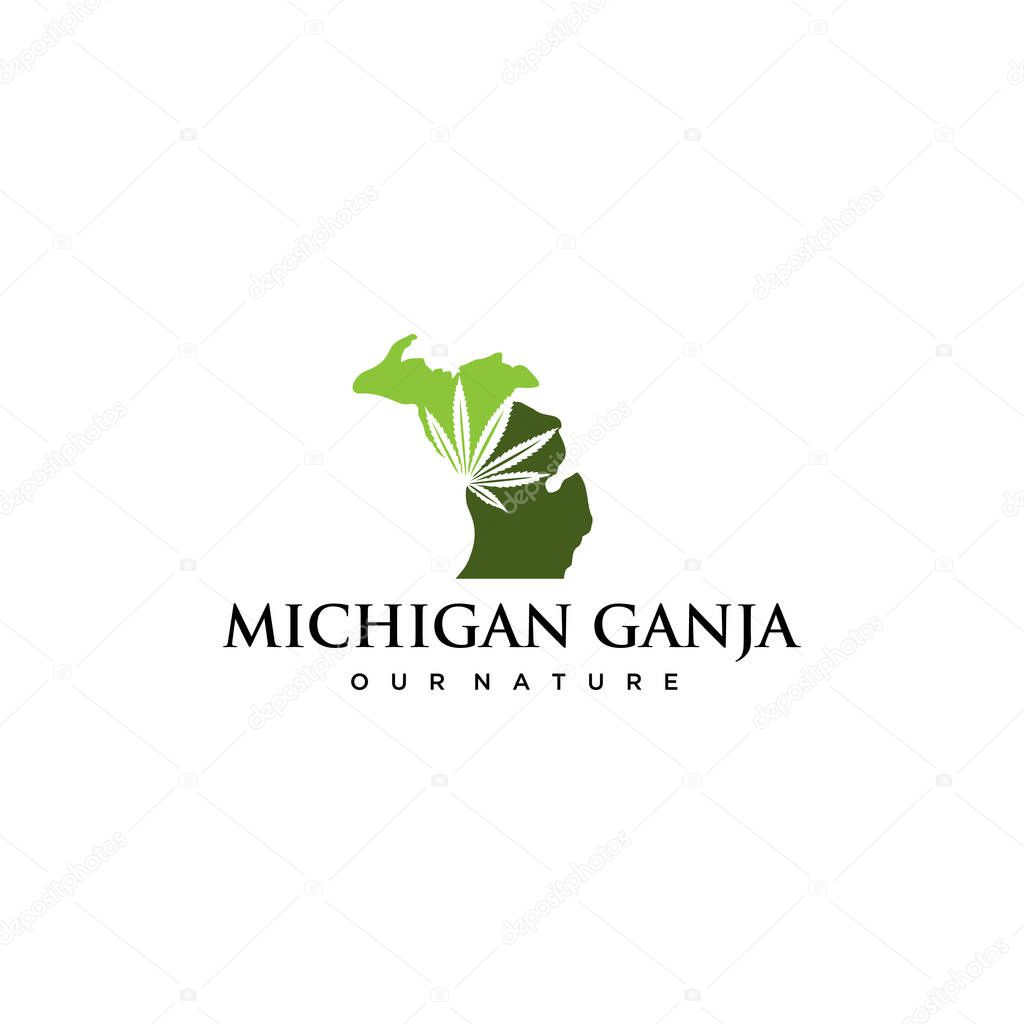 Illustration of Michigan map with cannabis leaves inside logo design