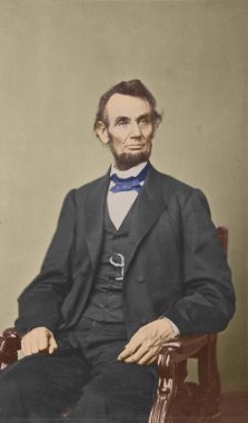 Abraham Lincoln 9 Şubat 1864 Washington, ABD. 2022 'de elle yapılmış bir portre fotoğrafı. El yapımı eski siyah beyaz fotoğraf. Lincoln Amerikalı bir politikacı ve avukattı. İç Savaş, birliği korumak, köleliği kaldırmak..
