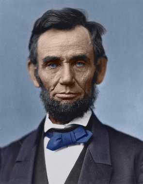 Başkan Abraham Lincoln 'ün manuel renkli portresi. Orijinal fotoğraf siyah beyaz, Circa 1863. Lincoln, Amerikan politikacı ve avukatıydı. İç Savaş sırasında Birleşik Devletler 'e önderlik etmişti. Birliği korumuş, köleliği kaldırmıştı..