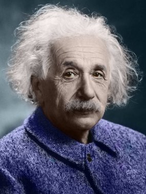 Albert Einstein 'ın 2022' de Renklendirilmiş Portresi. Orijinal siyah beyaz New Jersey, Amerika Birleşik Devletleri, 1947 dolaylarında. Yahudi, İsviçreli, Avusturyalı ve Amerikalı Alman fizikçinin renkli fotoğrafı. 20. yüzyılın en önemli bilim adamı..