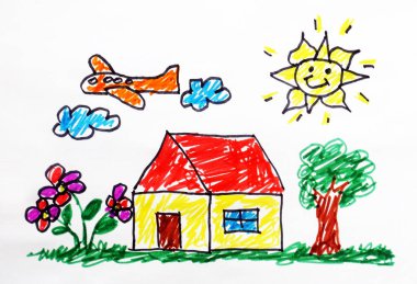 Çocuk resimleri. Bir çocuk tarafından çizilmiş. Bir evin çocuk çizimi. Renkli çiçekleri, otları ve bir ağacı olan bir bahçesi var. Bulutlu bir gökyüzü, bir uçak ve gülümseyen bir güneş..